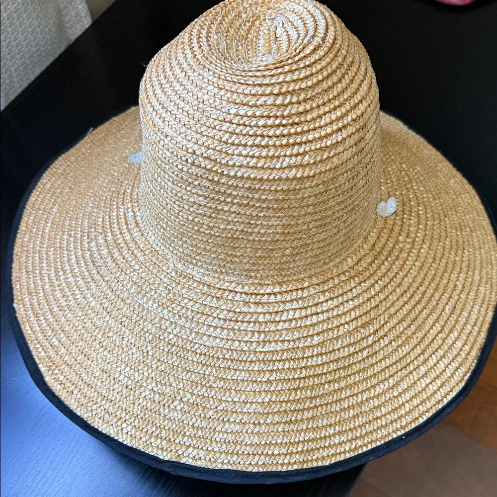 Natural Straw Wide Brim Hat with Black Trim and tie unisex
